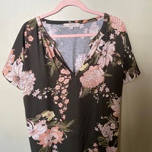 LOFT Black Relaxed Blouse with V-Neck and Floral Design